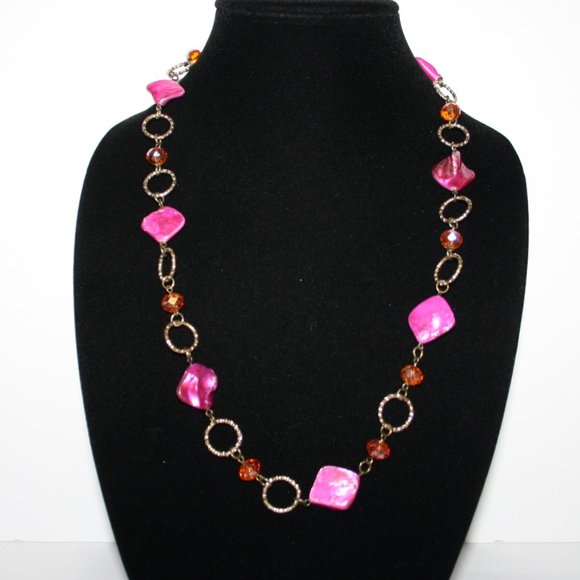 Gold orange and pink shell necklace